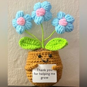 Crochet Flower Pot with Blue Flowers